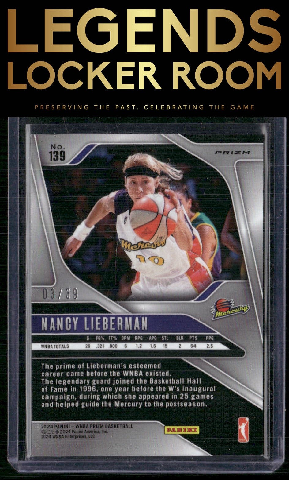 2024 Panini Prizm WNBA #139 Nancy Lieberman Black Velocity Prizms #/39