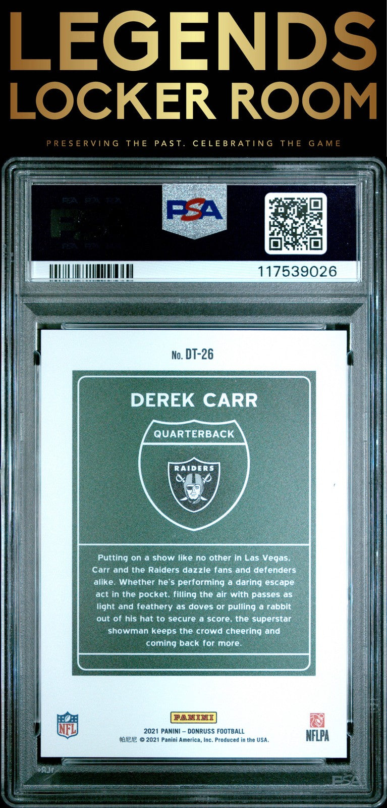 2021 Panini Donruss Downtown #DT-26 Derek Carr Downtown! PSA 9