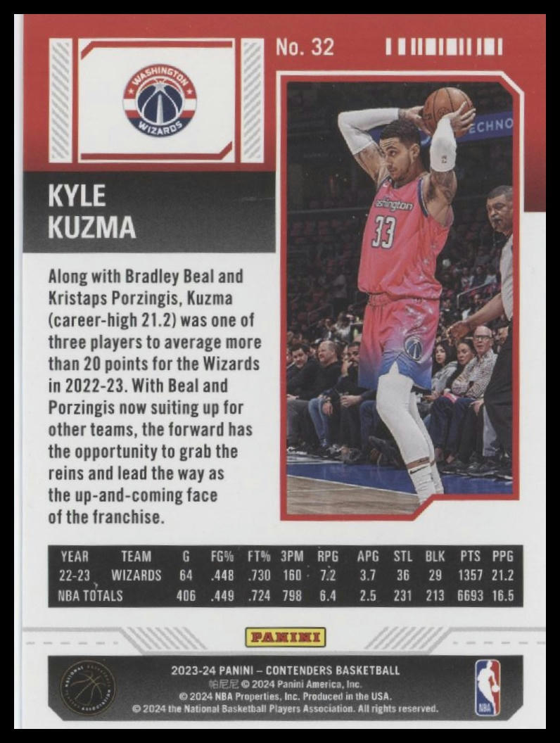 2023-24 Panini Contenders #32 Kyle Kuzma Season Ticket Premium Edition