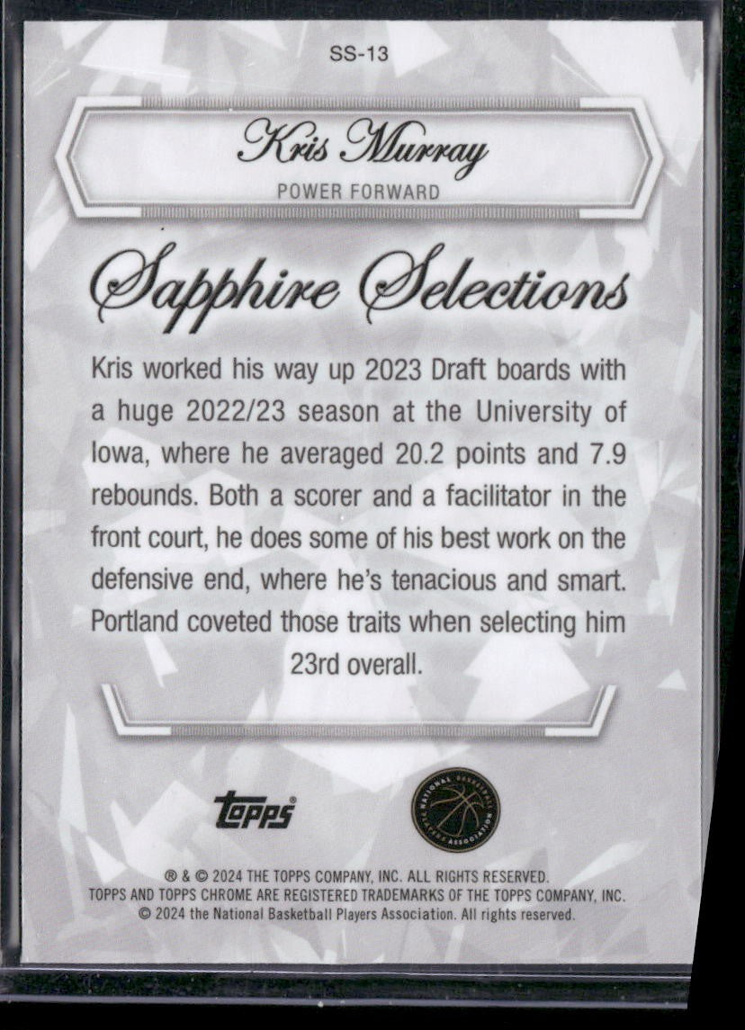 2023-24 Topps Chrome Sapphire #SS-13 Kris Murray Sapphire Selections