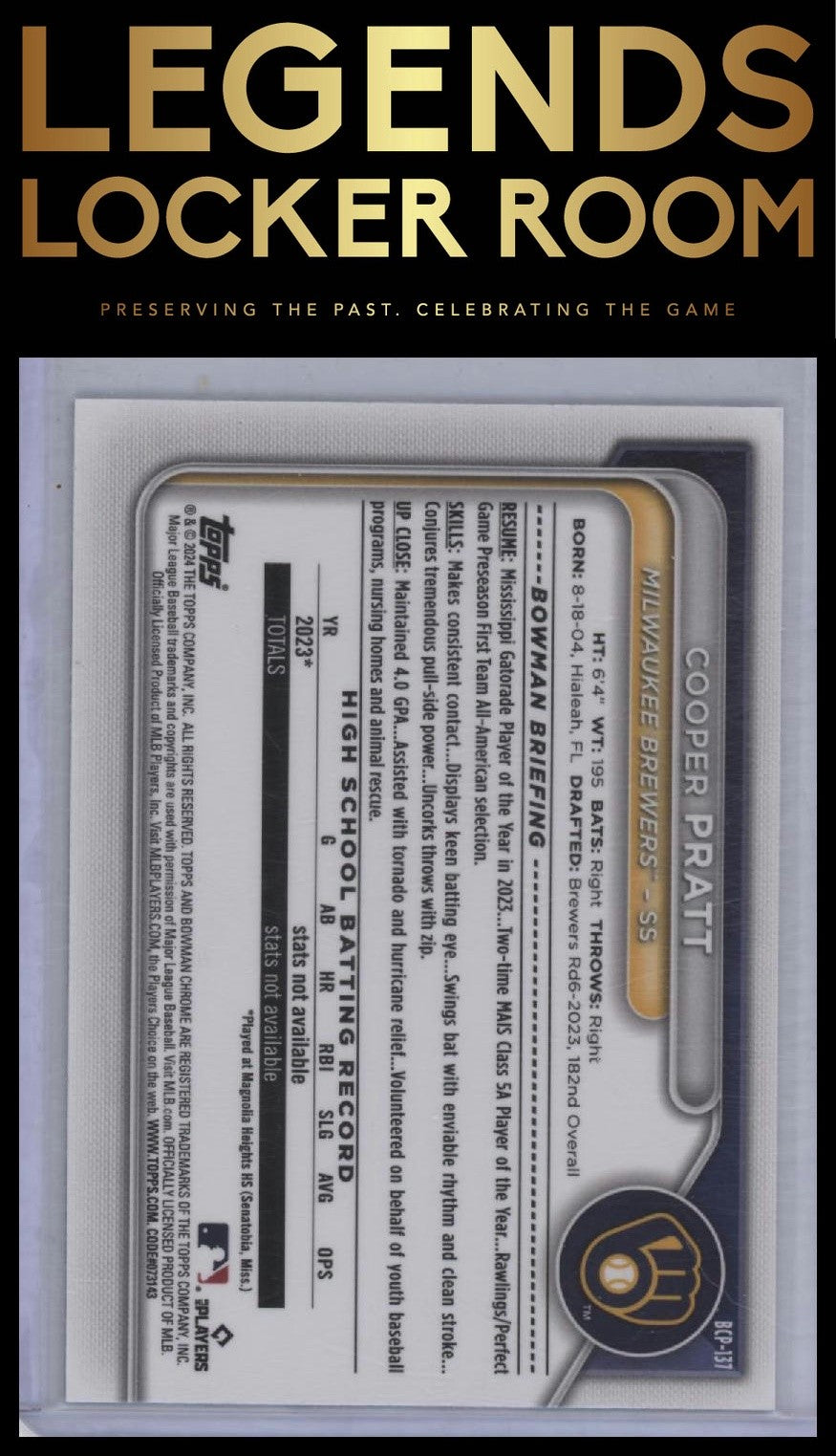 2024 Bowman Sapphire Edition Cooper Pratt Chrome Prospect Green /99