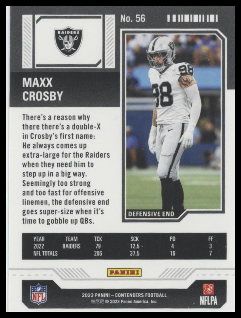 2023 Panini Contenders #56 Maxx Crosby Season Ticket Retail