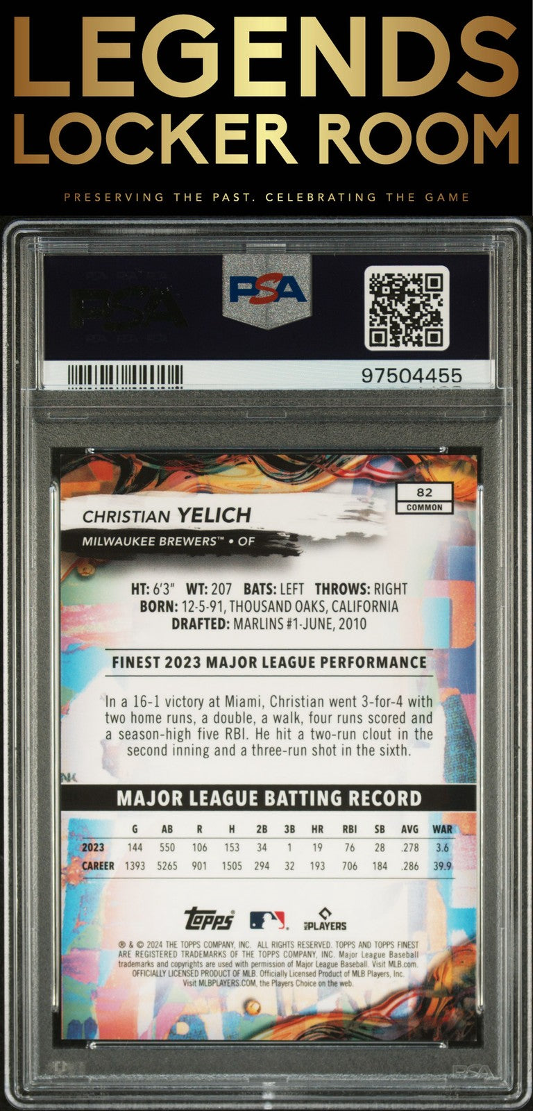 2024 Topps Finest #82 Christian Yelich Green Refractor PSA 10