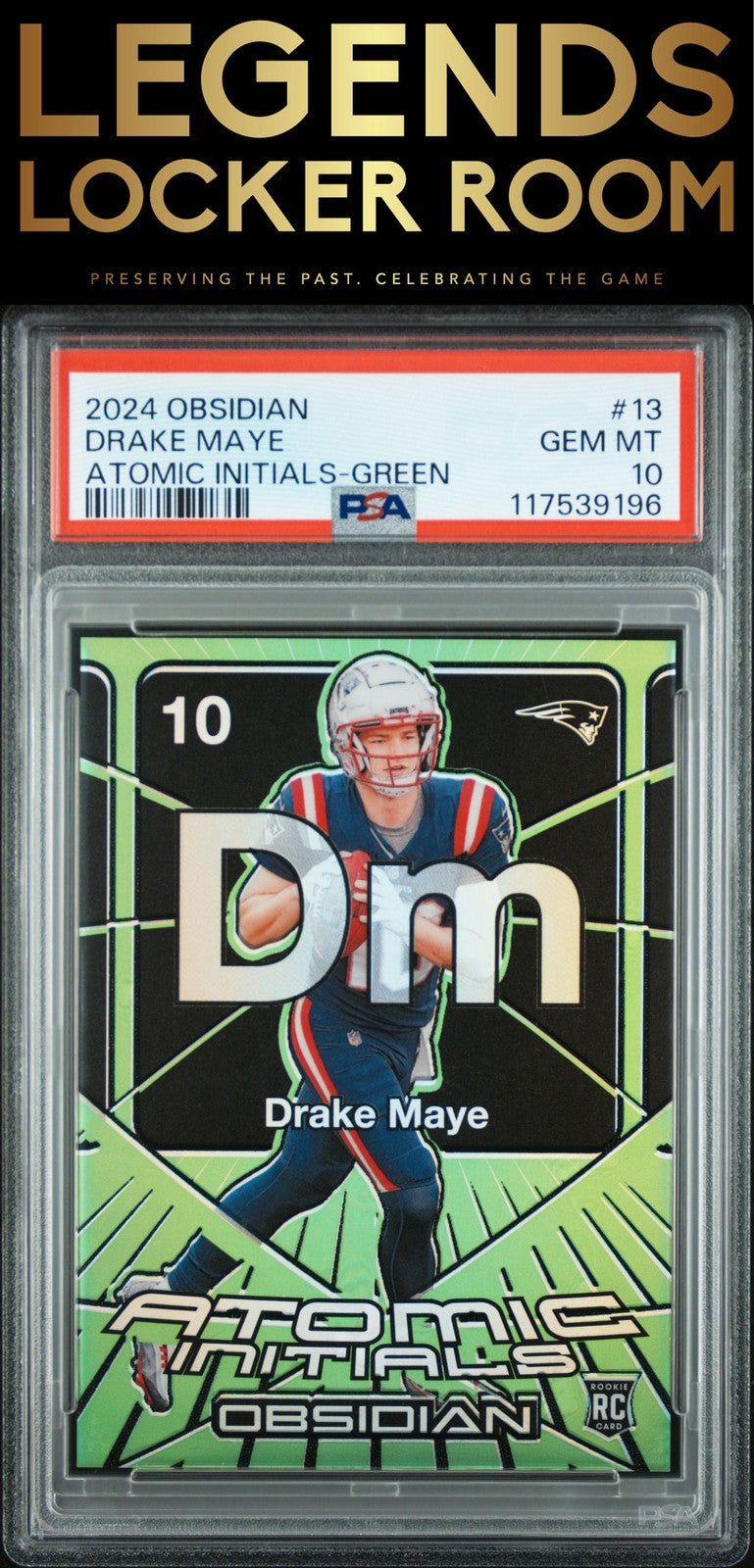 2024 Panini Obsidian Atomic Initials #13 Drake Maye Atomic Initials-Green PSA 10