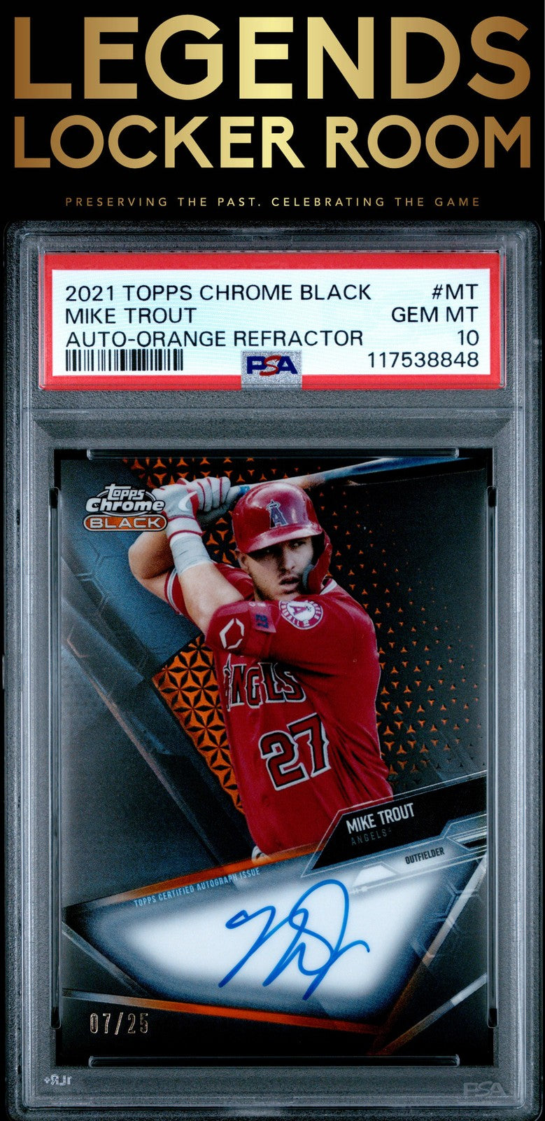 2021 Topps Chrome Black Autographs Mike Trout Orange Refractor 07/25 PSA 10