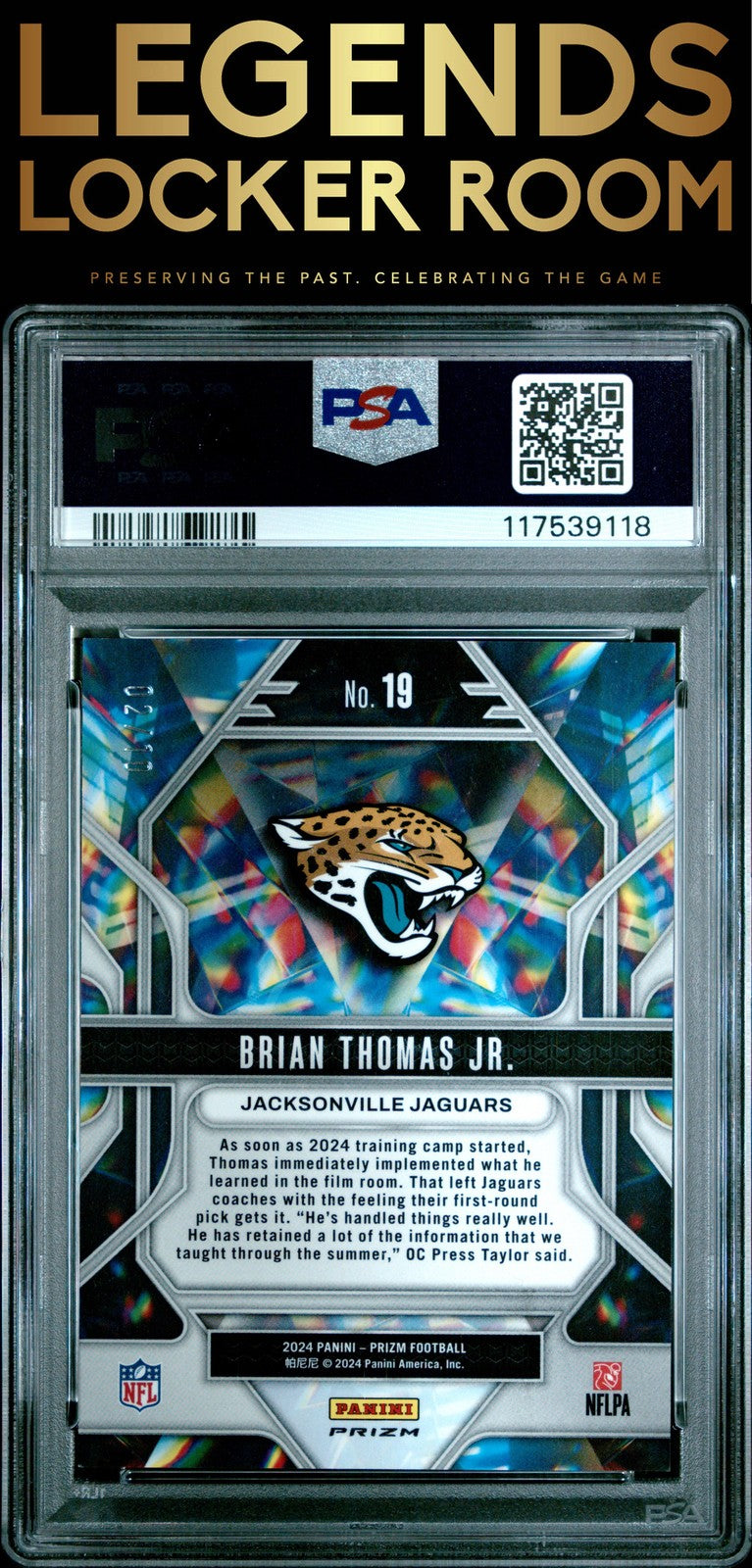 2024 Panini Prizm Prizmatic #19 Brian Thomas Jr. Prizmatic-Gold Prizm PSA 9