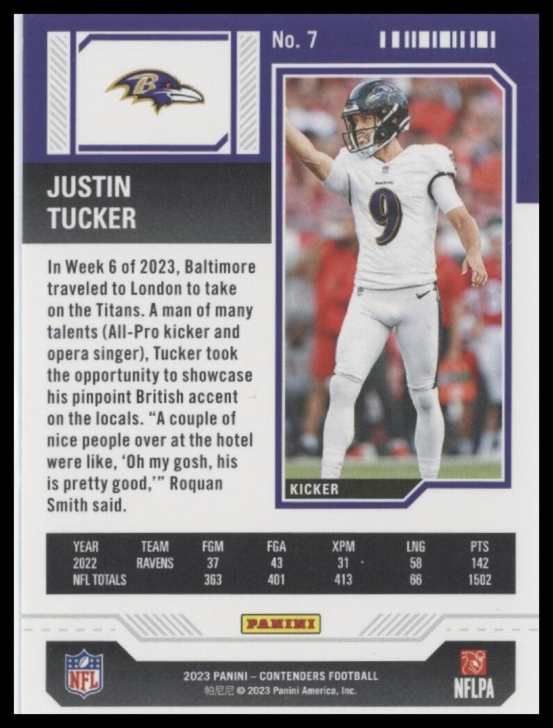 2023 Panini Contenders #7 Justin Tucker Season Ticket Retail