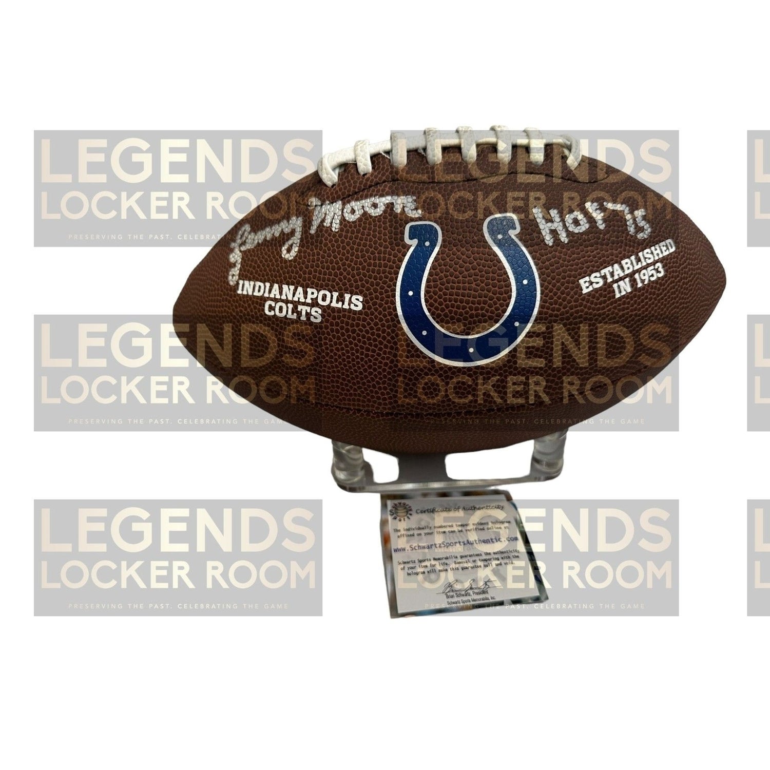 Lenny Moore Signed Colts Football - Inscribed HOF 75 Certificate of Authenticity