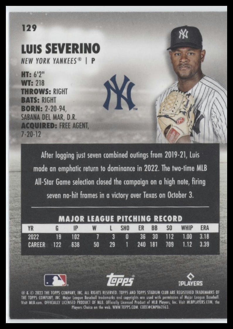 2023 Stadium Club #129 Luis Severino