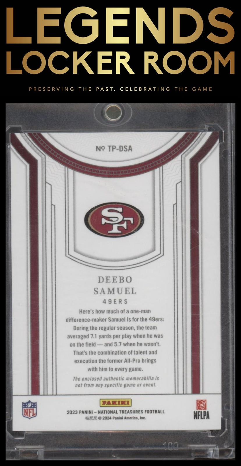 2023 Panini National Treasures #TP-DSA Deebo Samuel Treasured Patches #/49