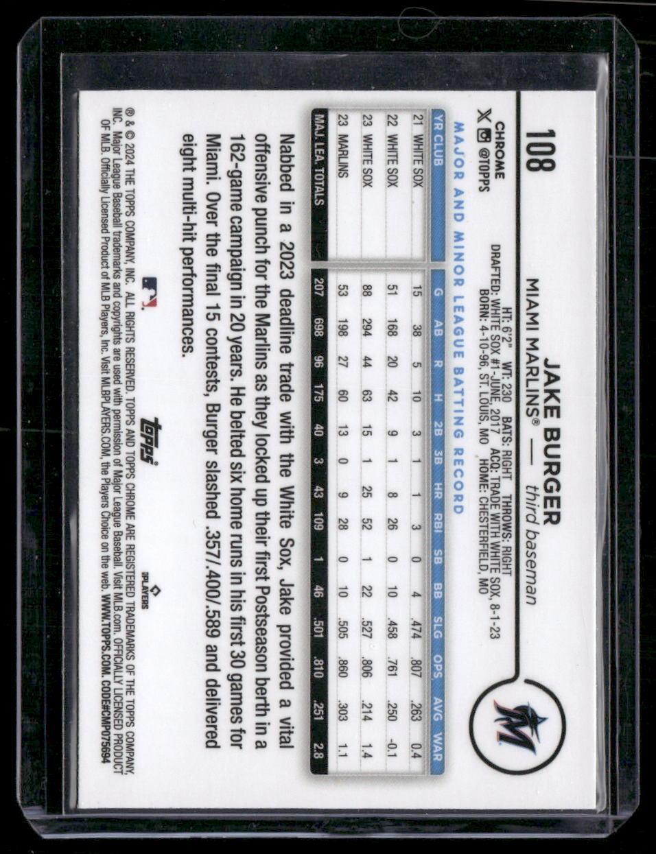 2024 Topps Chrome #108 Jake Burger Prizm Refractor