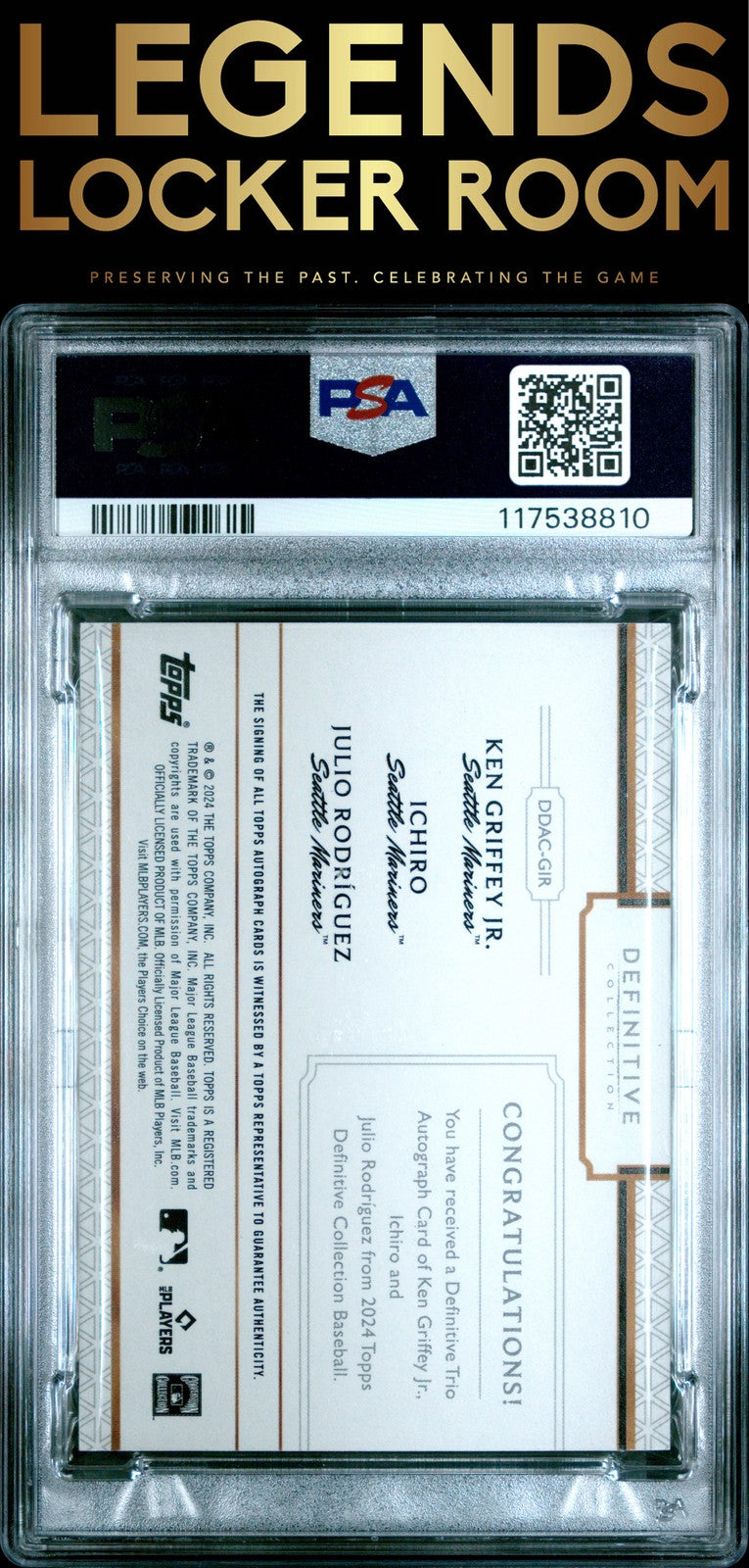 2024 Topps Definitive Collection Trio Auto Griffey Jr / Ichiro / Rodriguez PSA 9