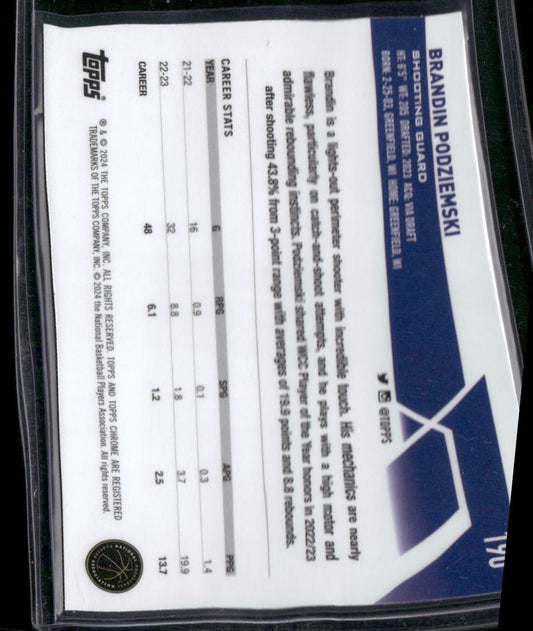 2023-24 Topps Chrome Sapphire #190 Brandin Podziemski