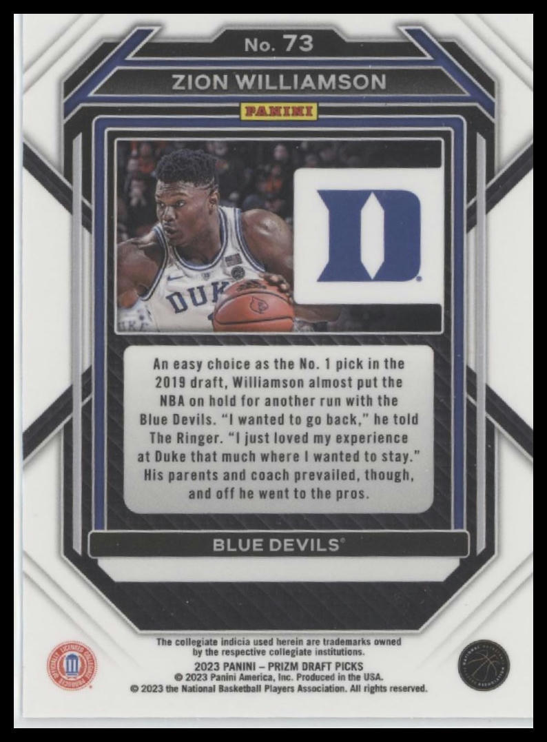 2023 Panini Prizm Draft Picks #73 Zion Williamson
