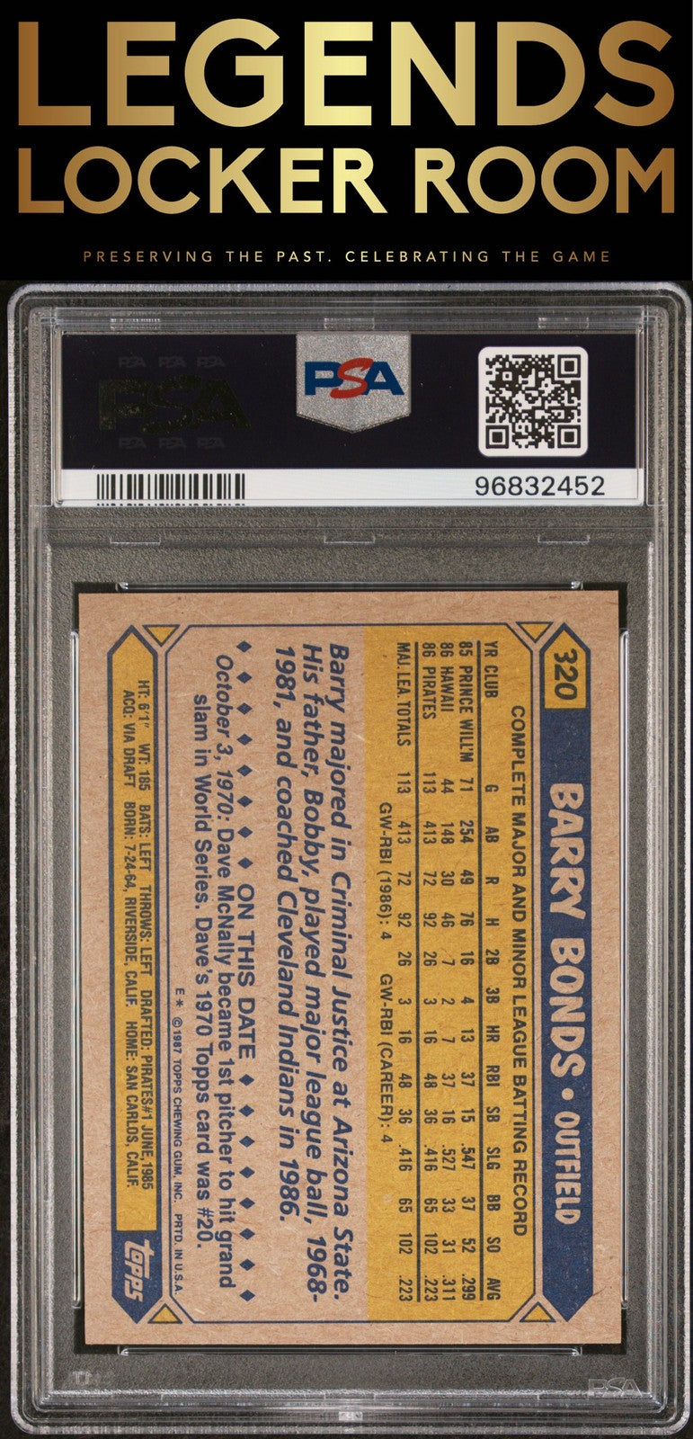 1987 Topps #320 Barry Bonds PSA 6