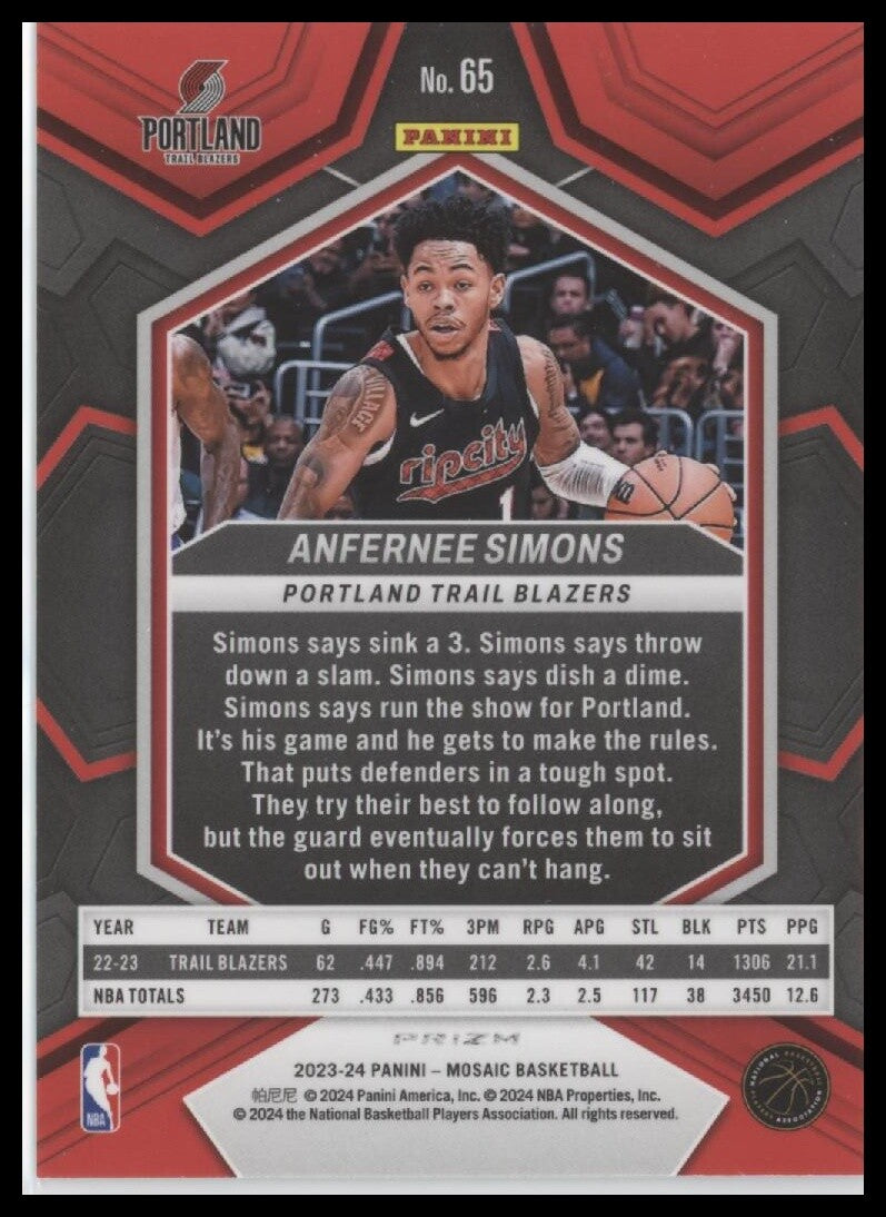 2023-24 Panini Mosaic #65 Anfernee Simons Silver Disco Prizm