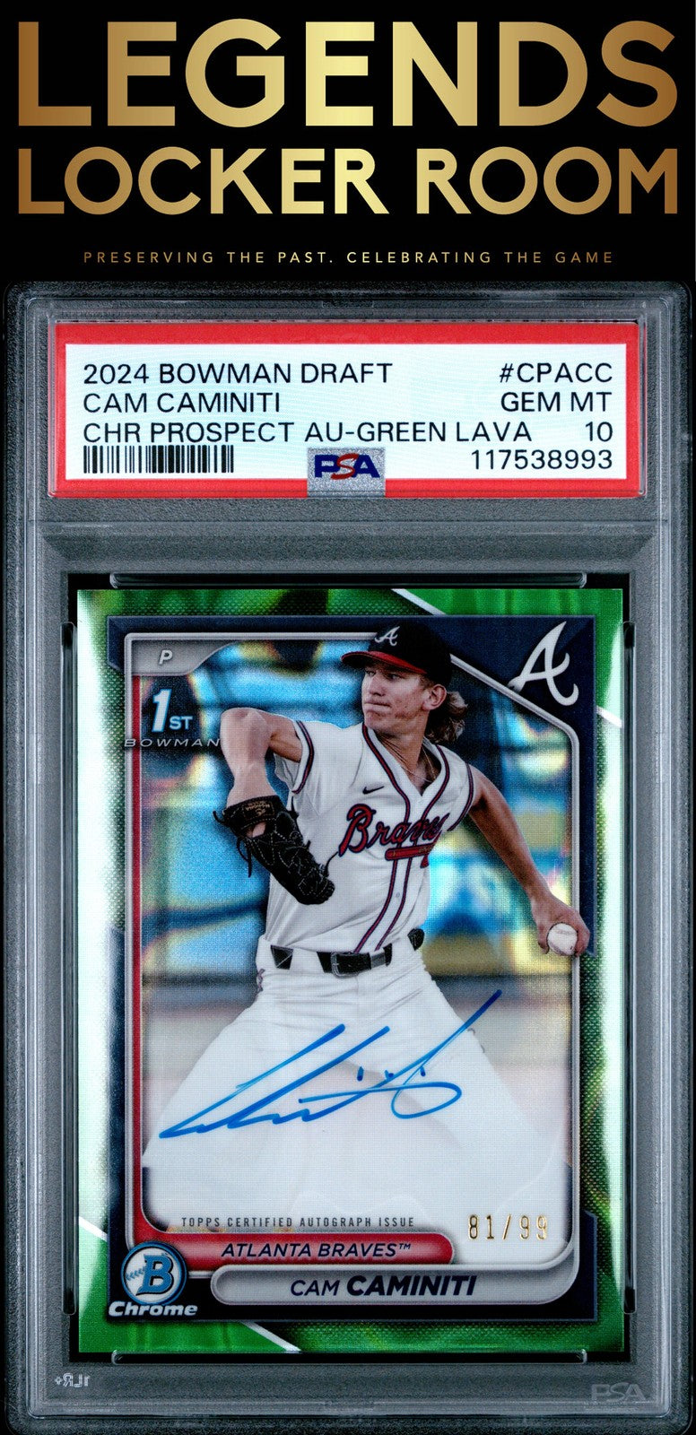 2024 Bowman Draft Chrome Prospect Autographs Cam Caminiti Green Lava PSA 10