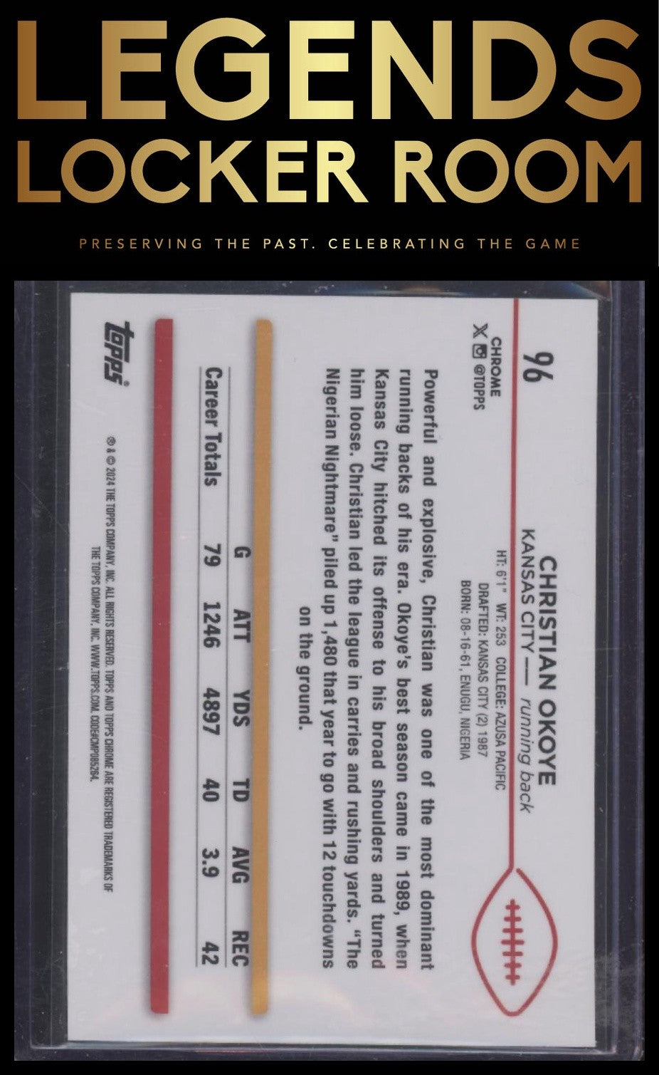 2024 Topps Chrome #96 Christian Okoye Yellow Geometric Refractor 75/75 Bookend!