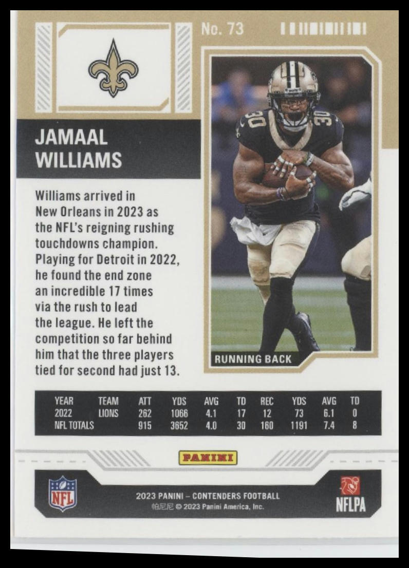 2023 Panini Contenders #73 Jamaal Williams Season Ticket Retail