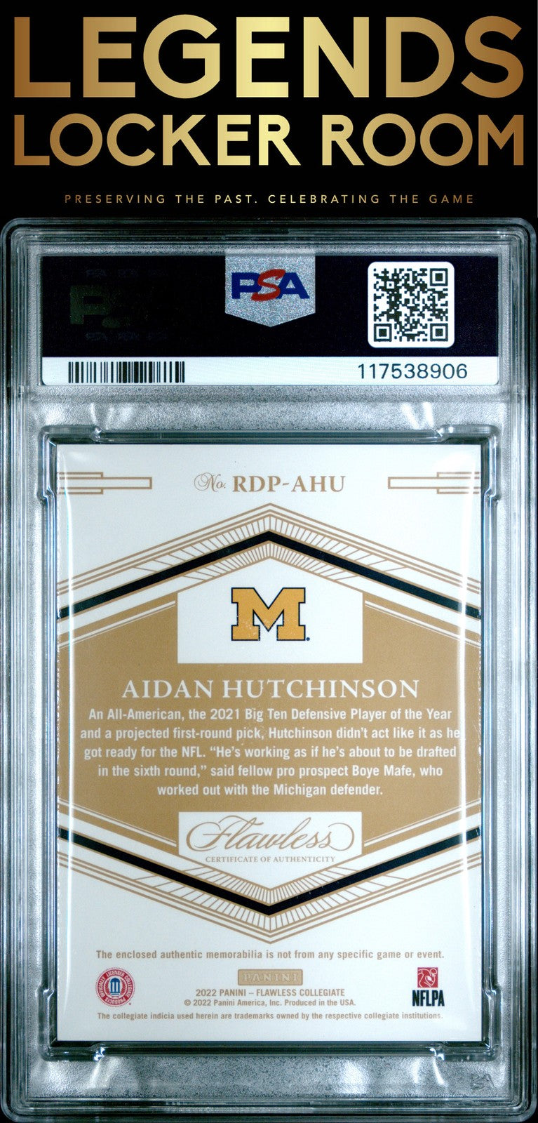 2022 Panini Flawless Collegiate Rookie Dual Patches Aidan Hutchinson /25 PSA 8
