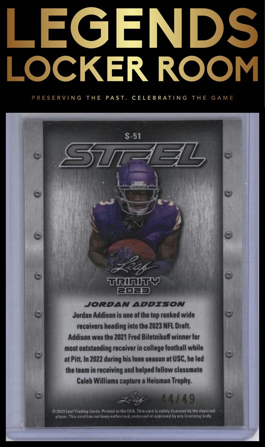 2023 Leaf Trinity (Mega Box) #S-51 Jordan Addison Steel Lazer Purple #/49