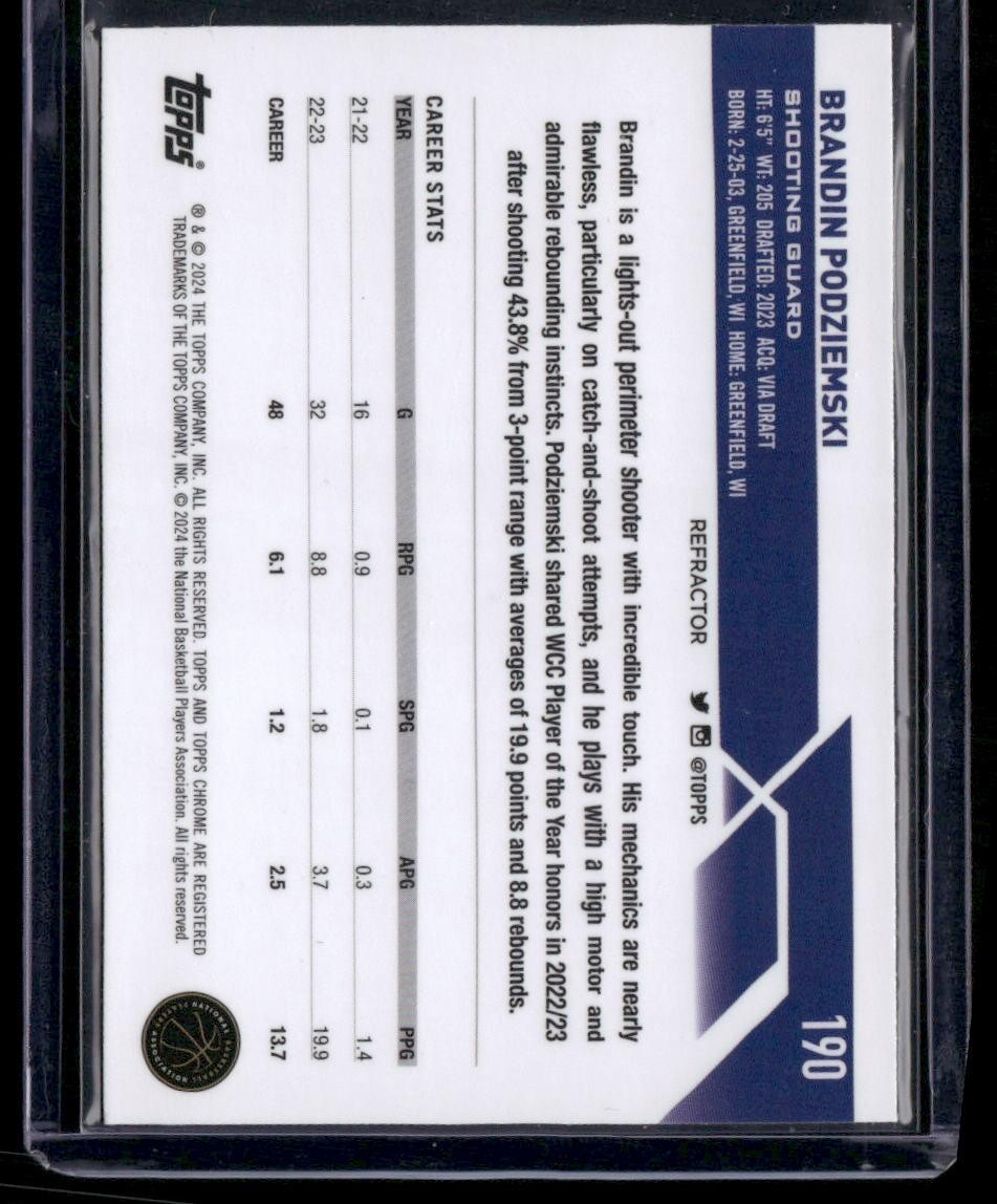 2023-24 Topps Chrome #190 Brandin Podziemski Refractors