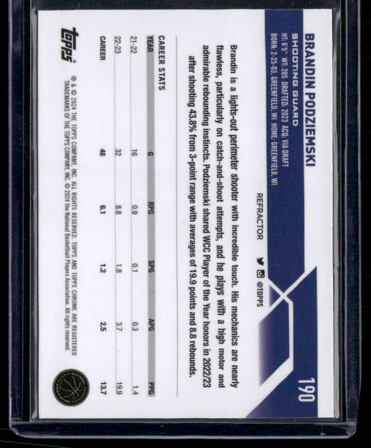 2023-24 Topps Chrome #190 Brandin Podziemski Refractors