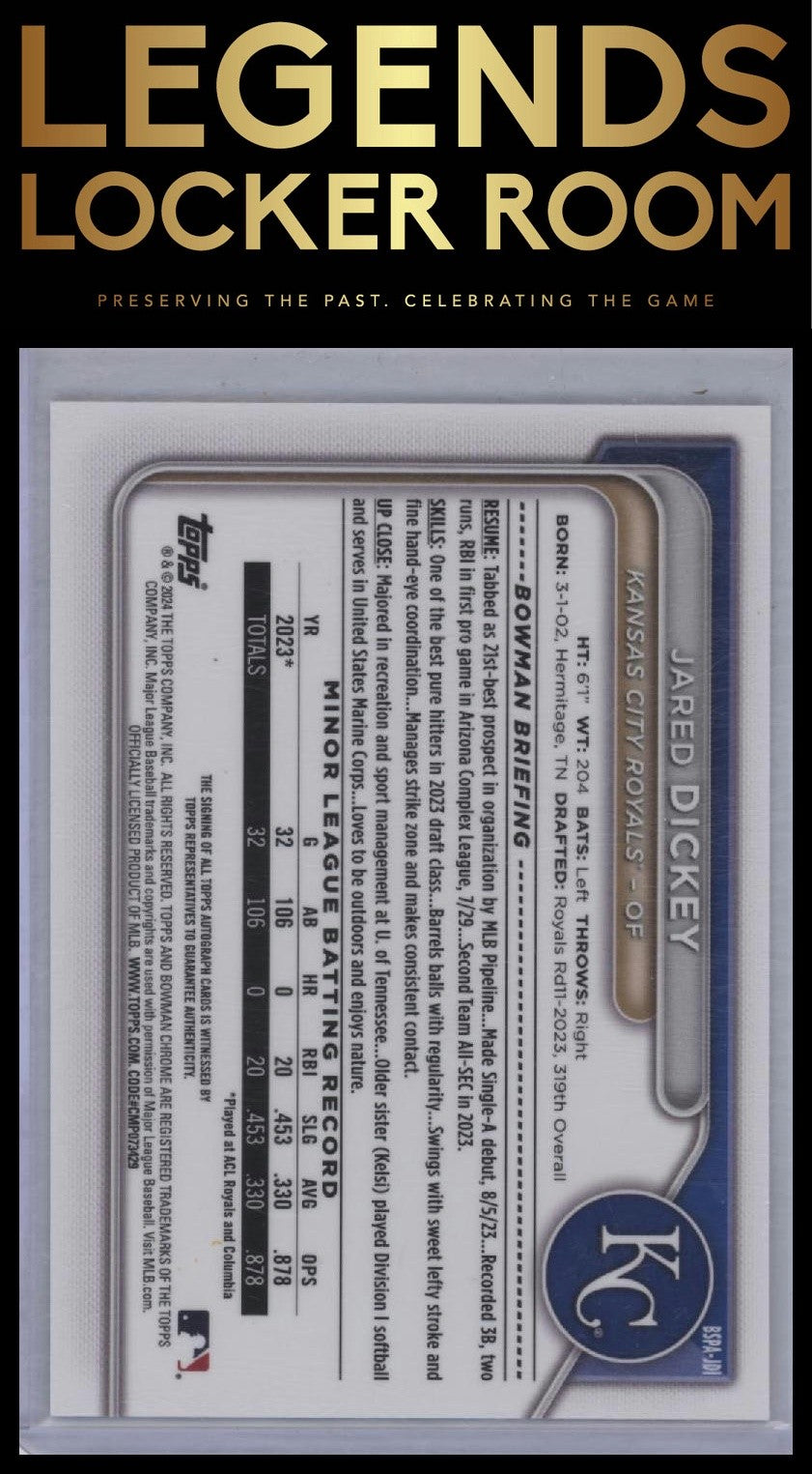 2024 Bowman Sapphire Edition Jared Dickey Chrome Prospect Auto Gold Sapphire /50