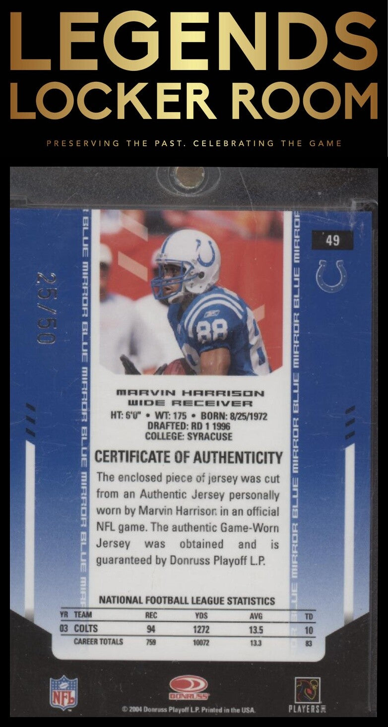2004 Donruss Playoff Marvin Harrison #49 Game Worn Jersey /50