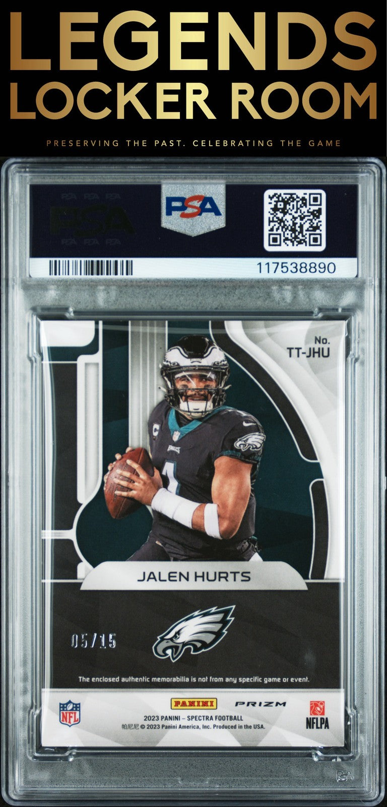 2023 Panini Spectra Triple Threats Relics Jalen Hurts /15 Neon Pink PSA 7