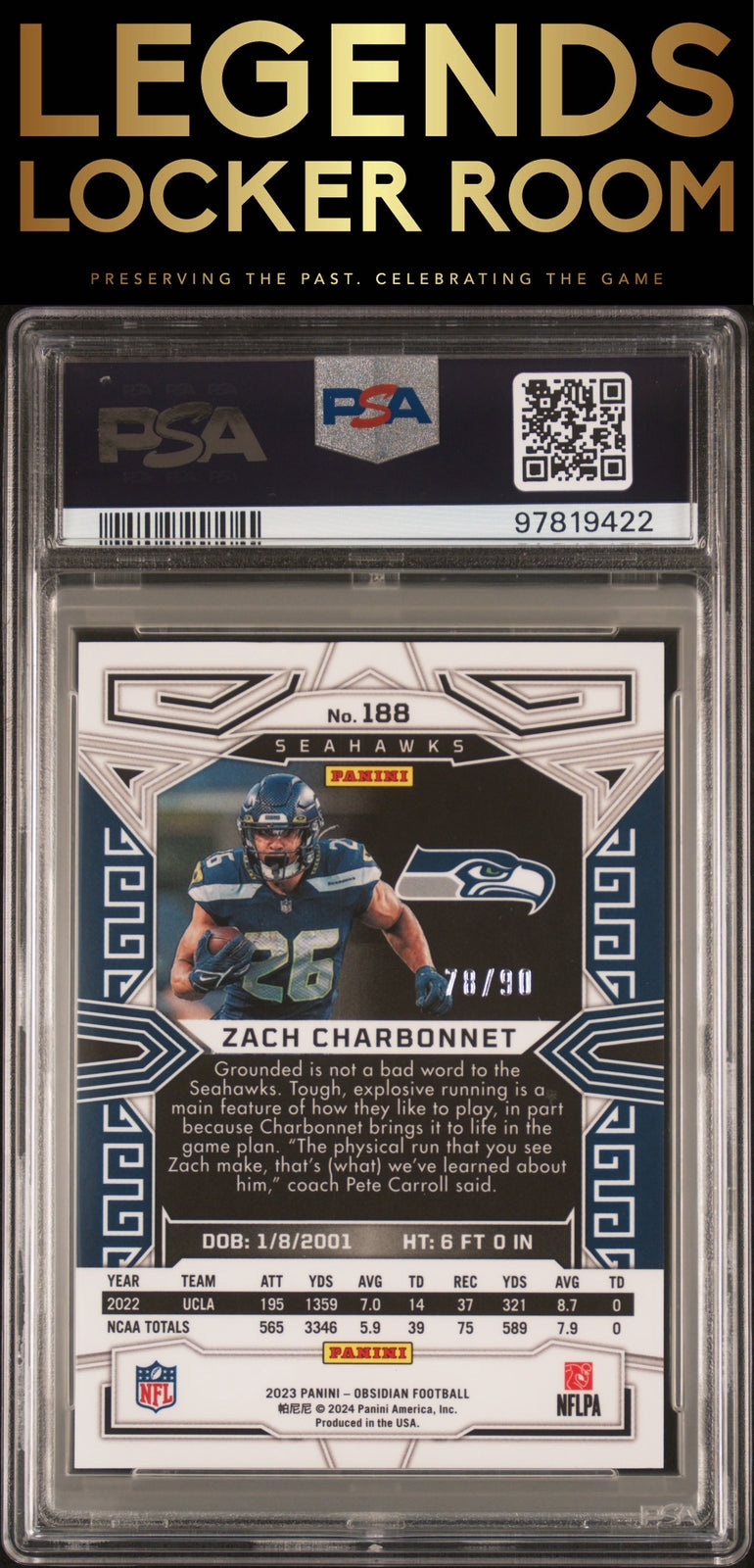 2023 Panini Obsidian #188 Zach Charbonnet Electric Etch Asia Red Flood PSA 9