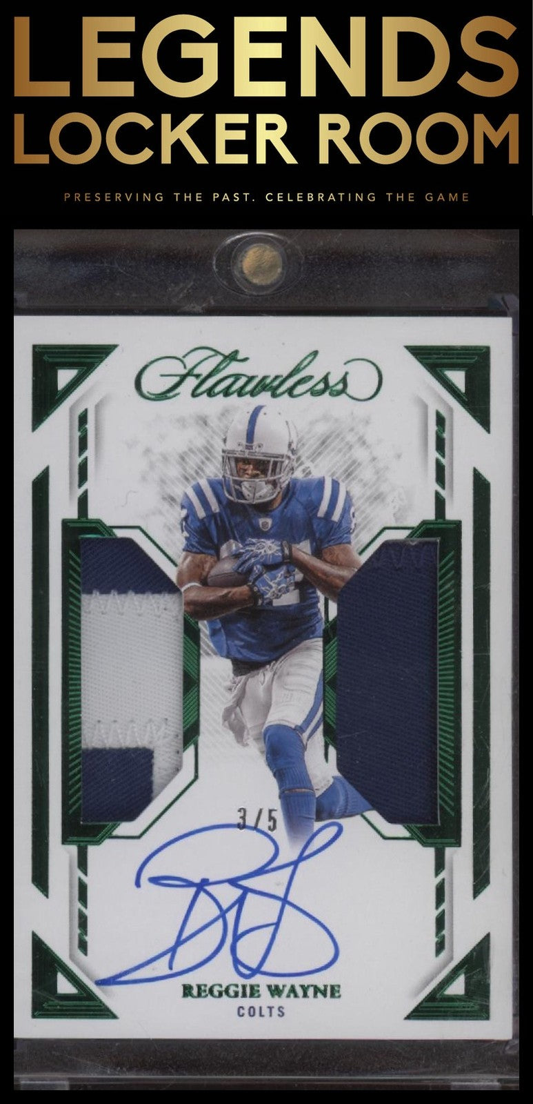 2023 Panini Flawless #DPA-RWA Reggie Wayne Dual Patch Autographs Emerald #/5
