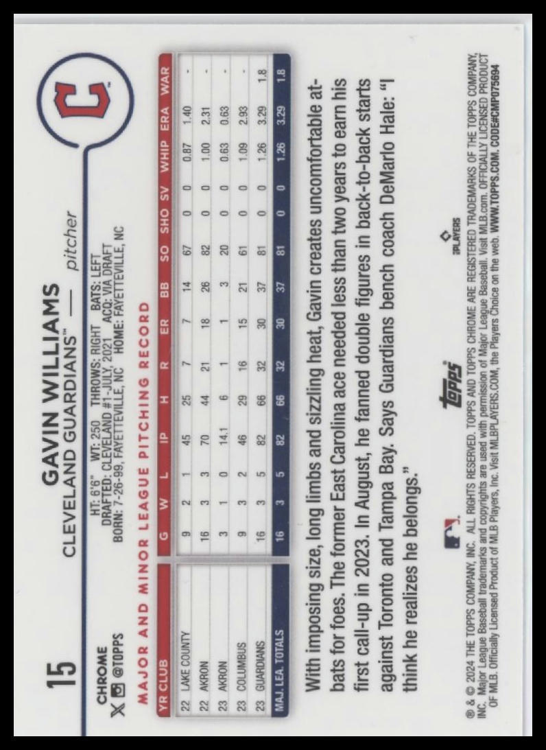 2024 Topps Chrome #15 Gavin Williams