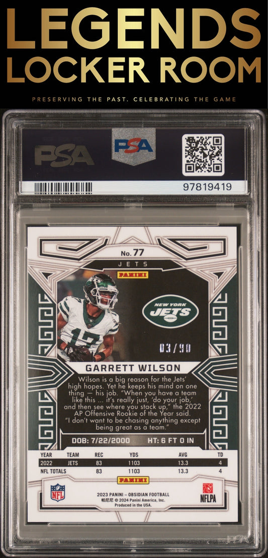 2023 Panini Obsidian #77 Garrett Wilson Electric Etch Asia Red Flood PSA 8