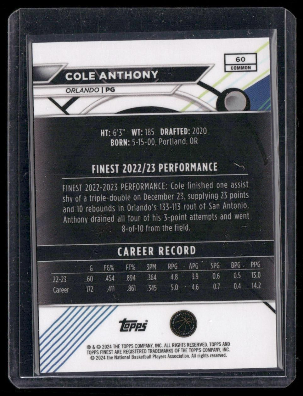 2023-24 Finest #60 Cole Anthony Black Refractors #/25
