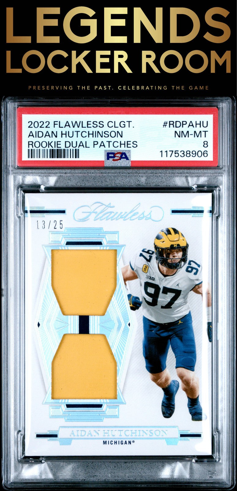 2022 Panini Flawless Collegiate Rookie Dual Patches Aidan Hutchinson /25 PSA 8