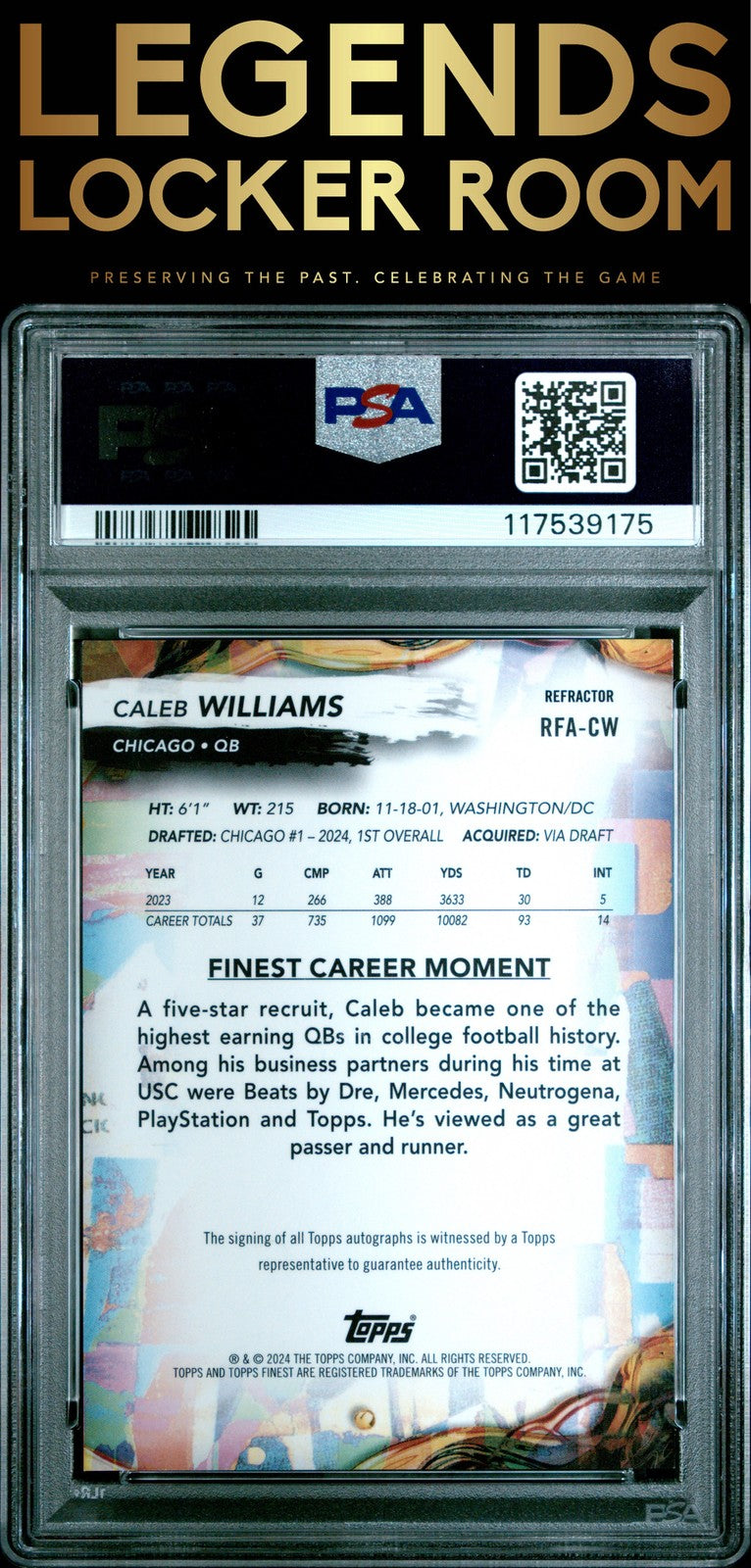 2024 Topps Finest Rookie Autographs Caleb Williams Refractor PSA 10