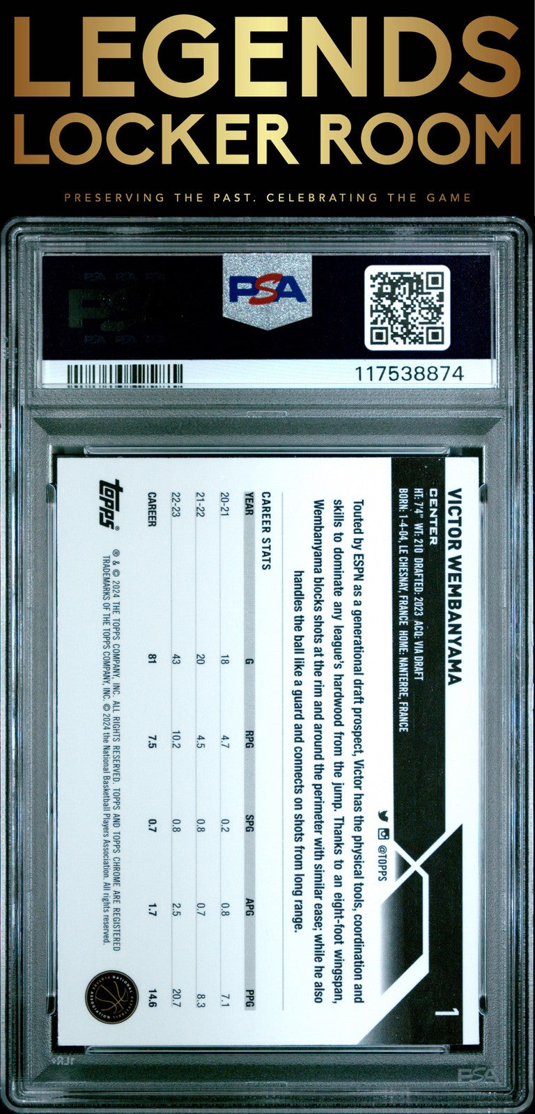 2023 Topps Chrome Sapphire Edition Victor Wembanyama Purple /10 PSA 8