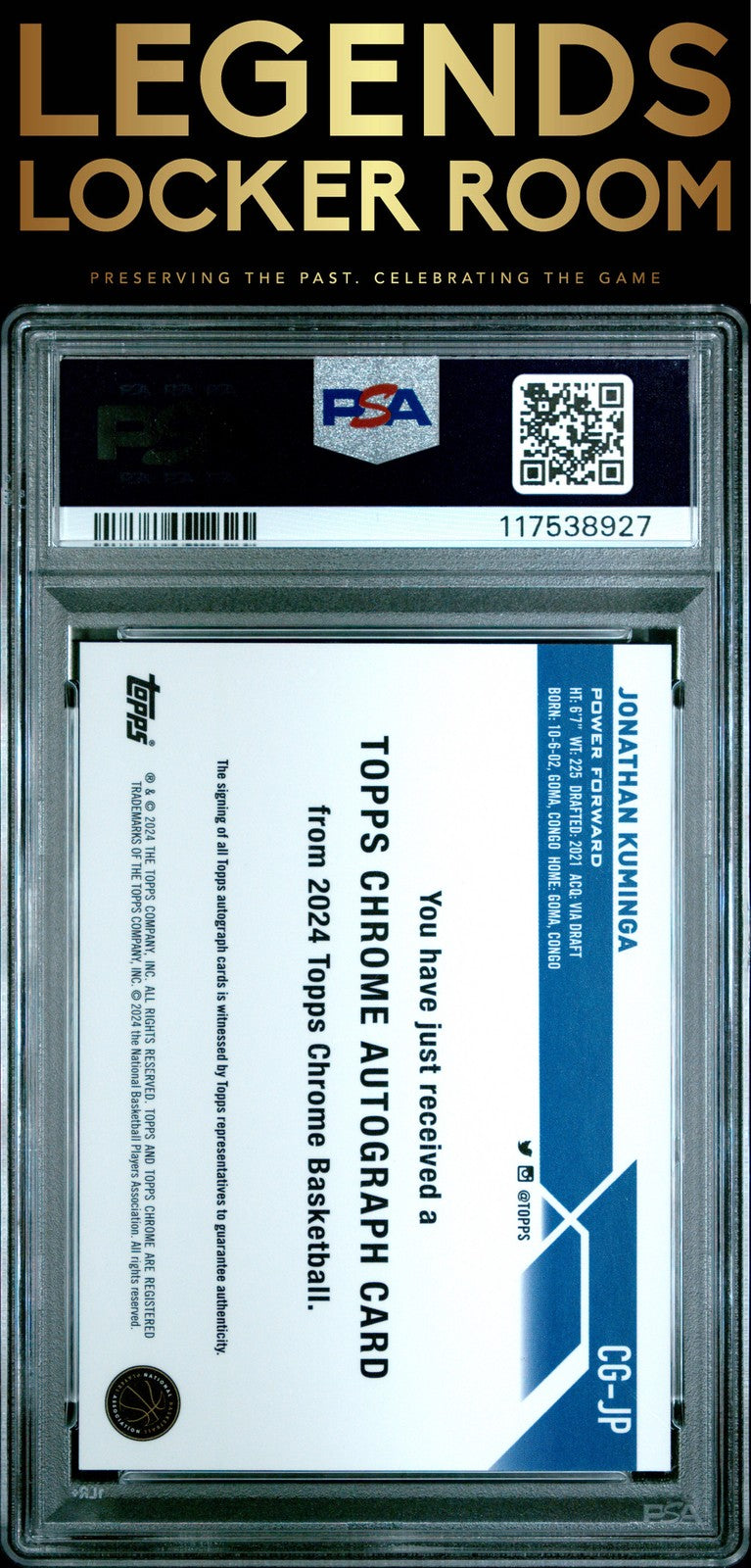 2023 Topps Chrome Sapphire Edition Topps Chrome Auto Jonathan Kuminga 3/5 PSA 10