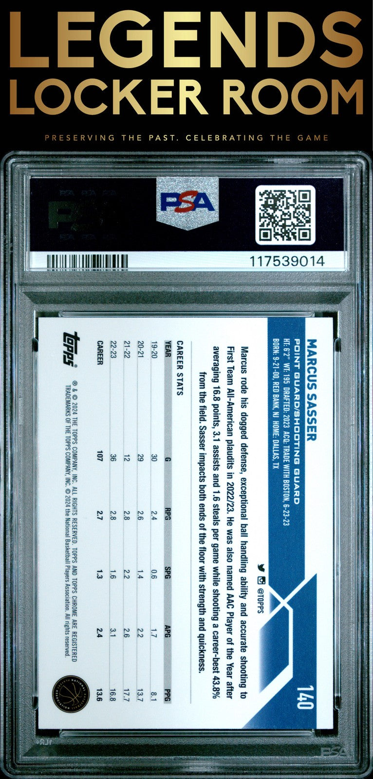 2023 Topps Chrome Sapphire Edition #140 Marcus Sasser Gold PSA 10