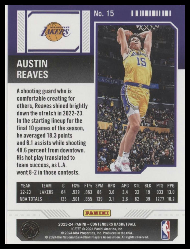 2023-24 Panini Contenders #15 Austin Reaves Season Ticket Premium Edition