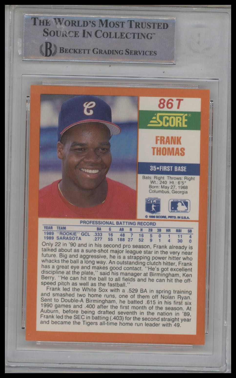 1990 Score Rookie/Traded #86T Frank Thomas Auto "HOF 2014" BGS Authentic