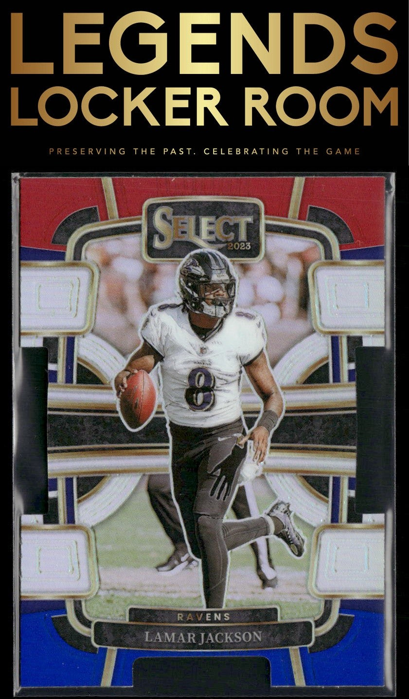 2023 Panini Select #7 Lamar Jackson Red and Blue Prizms Die Cuts