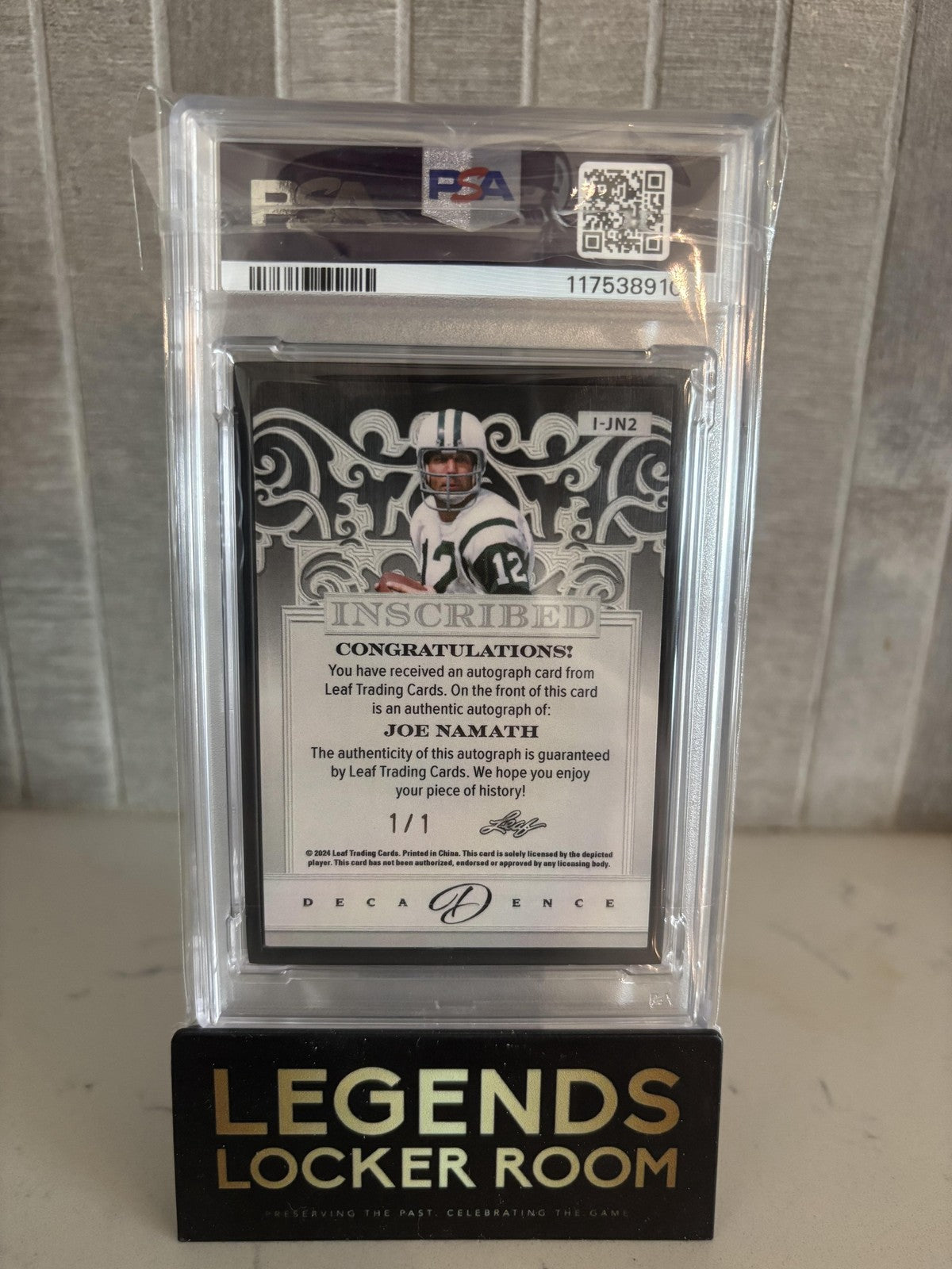 2024 Leaf Decadence Inscribed Autographs Joe Namath Black 1/1 PSA 10