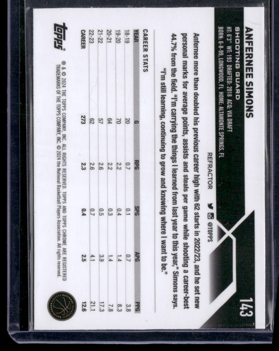 2023-24 Topps Chrome #143 Anfernee Simons Refractors