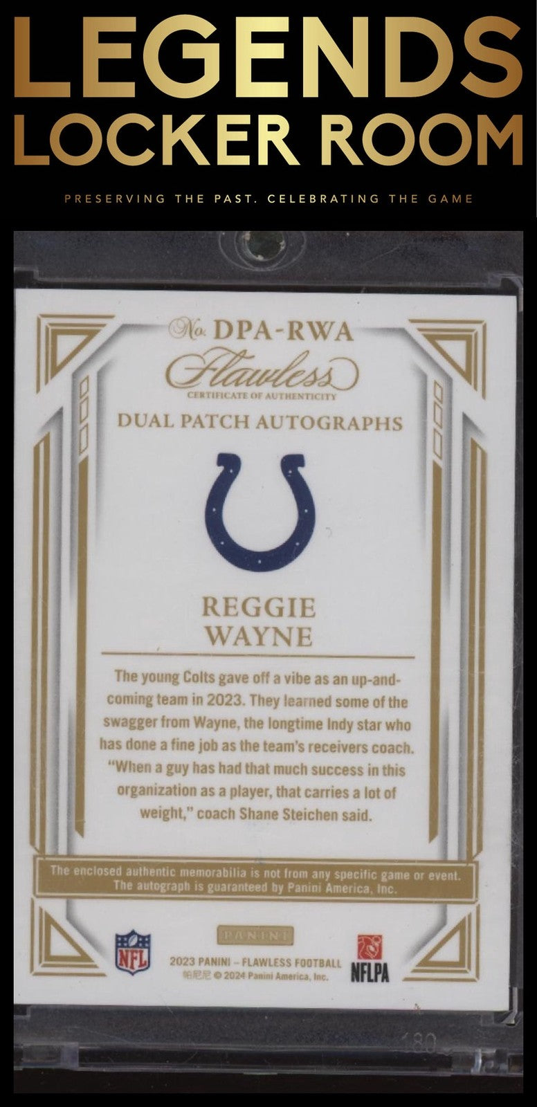2023 Panini Flawless #DPA-RWA Reggie Wayne Dual Patch Autographs Emerald #/5