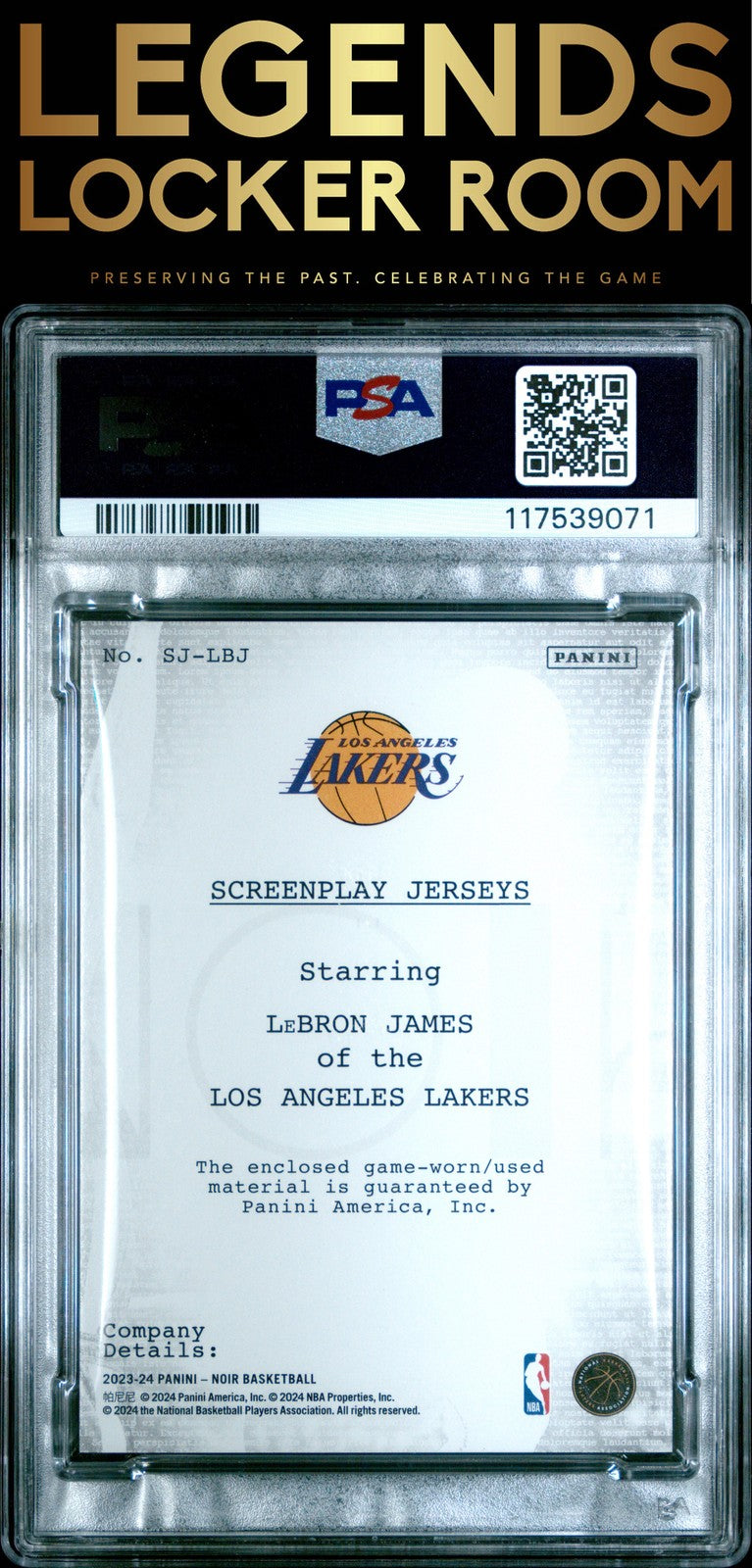 2023 Panini Noir Screenplay Jerseys #SJLBJ Lebron James Screenplay Jersey PSA 8