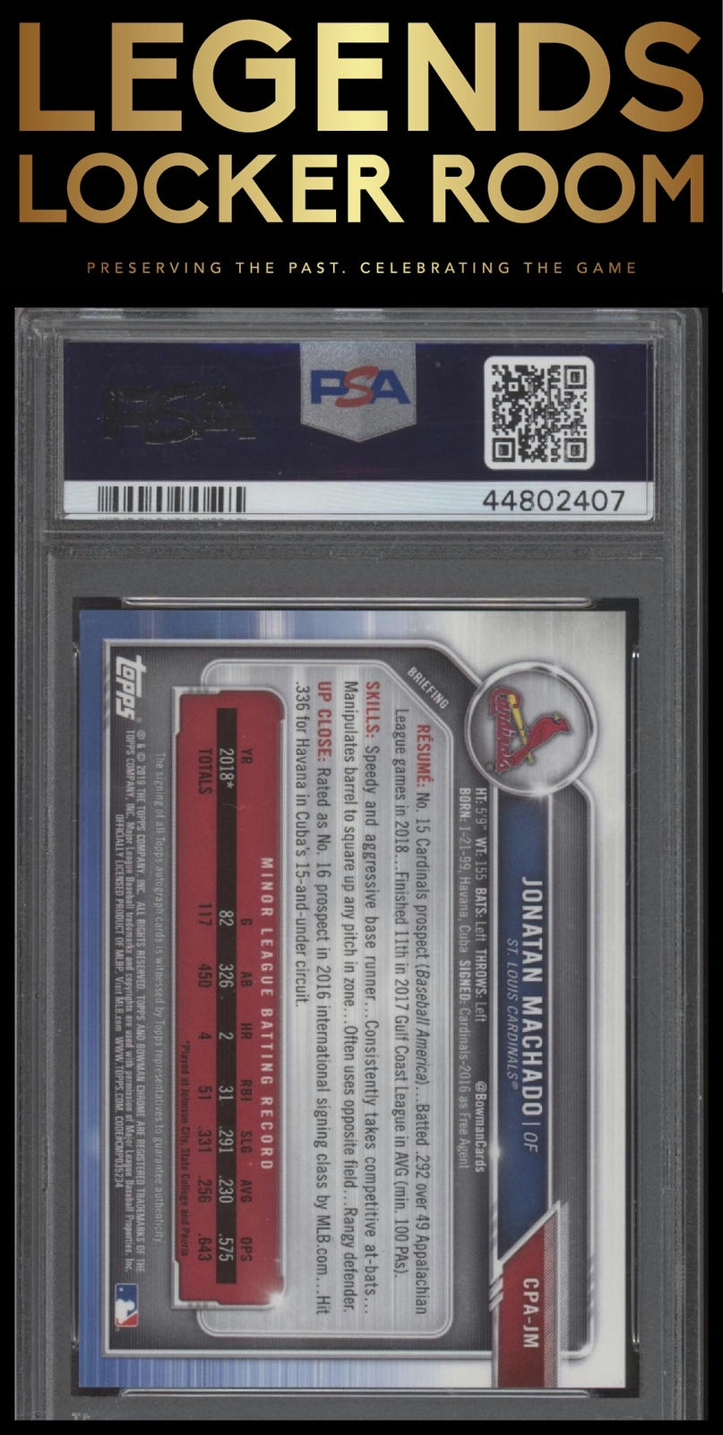 2019 Bowman Chrome Prospects Autographs Jonatan Machado Orange Ref. PSA 10