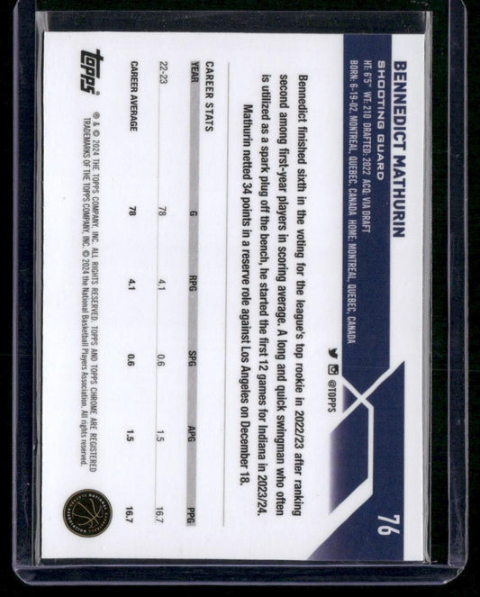 2023-24 Topps Chrome #76 Bennedict Mathurin