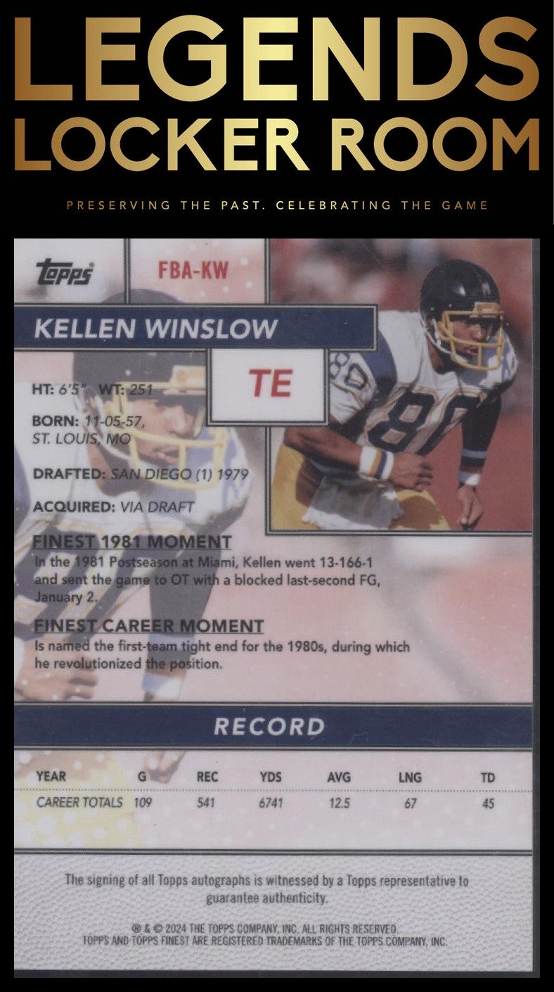 2024 Finest #FBA-KW Kellen Winslow Flashback Autographs Black Refractor #/25